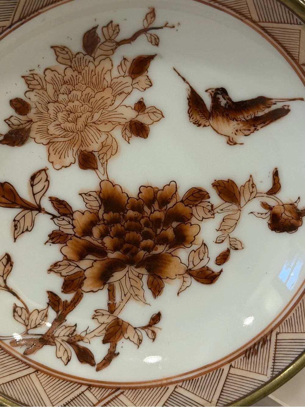 Vintage Japanese Porcelain Brass Mounted Bowl Bird & Floral Trinket Dish 6”